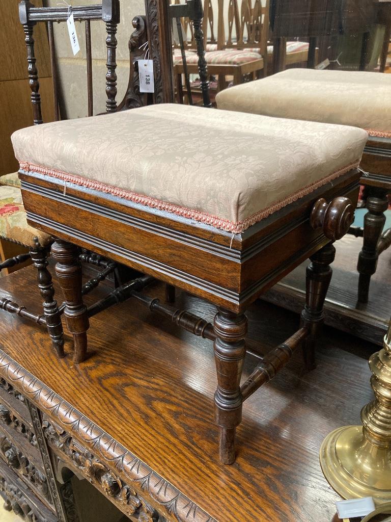 A late Victorian rosewood adjustable piano stool, length 50cm and a child's tapestry upholstered chair (2)